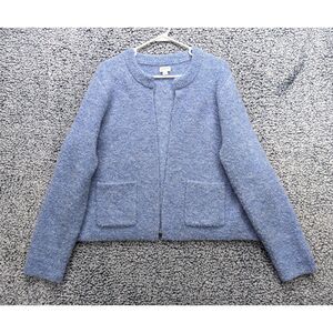 J. Crew Wool Blend Bouclé Cardigan Size LG Boho Relaxed Open Front Pockets Blue
